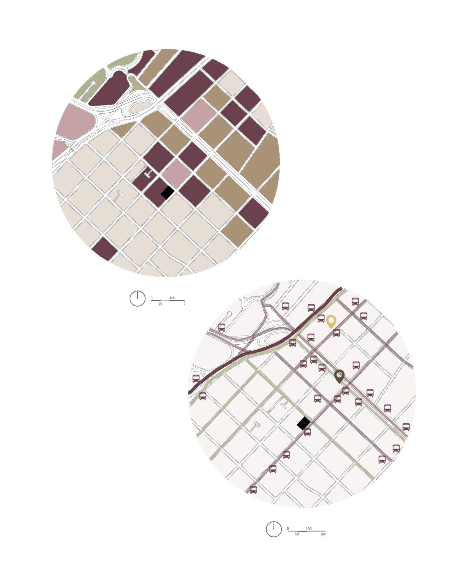 Prancha de representação arquitetônica — mapas circulares de uso e mobilidade