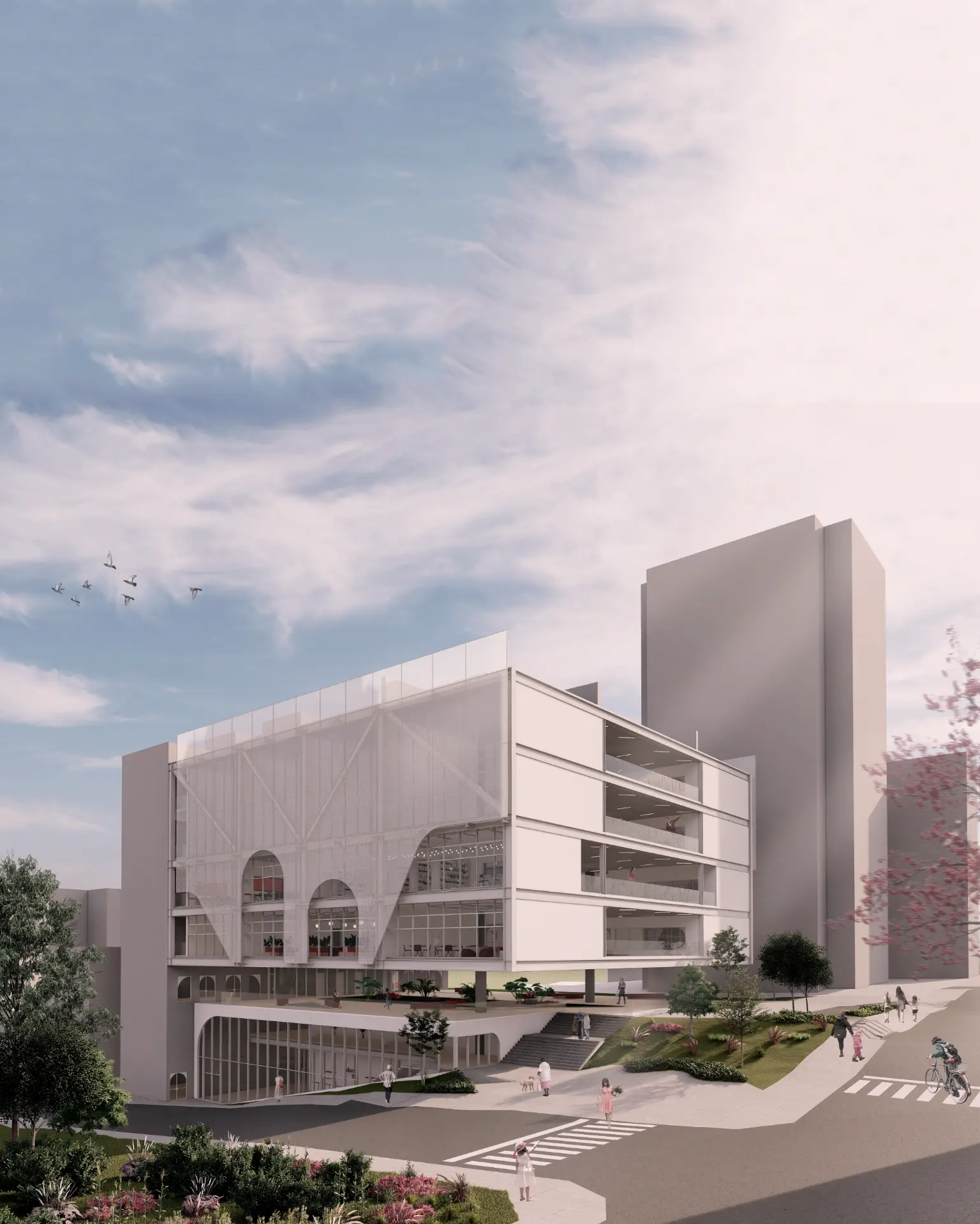 Prancha de representação arquitetônica — perspectiva externa do edifício