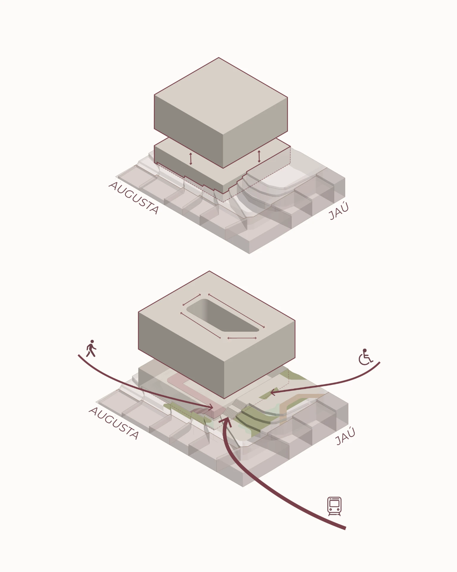 Prancha de representação arquitetônica — diagramas isométricos